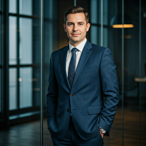 professional portrait of a confident male executive in a sharp navy suit standing in a modern glass office with soft natural lighting
